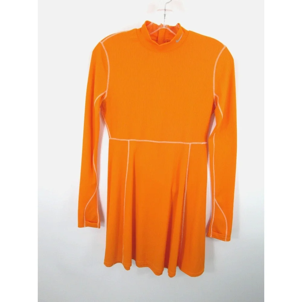 NIKE Women Small Orange Ribbed Midi Athletic Dress 1/4 Zip Tennis Golf LS